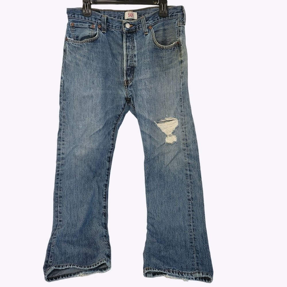Levi's 501 36x32 Light Color Distressed Denim Blue Made in Haiti Button Fly
